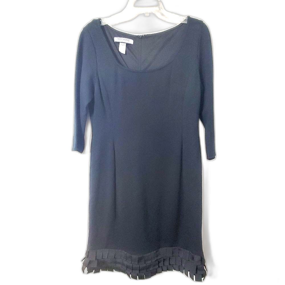 Anne Klein Womens Sz 12 Black Sheath Ribbon Trim Hem ¾ Sleeves